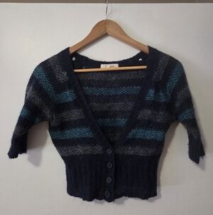 Heritage 1981 Navy and Teal Striped Cropped Cardigan